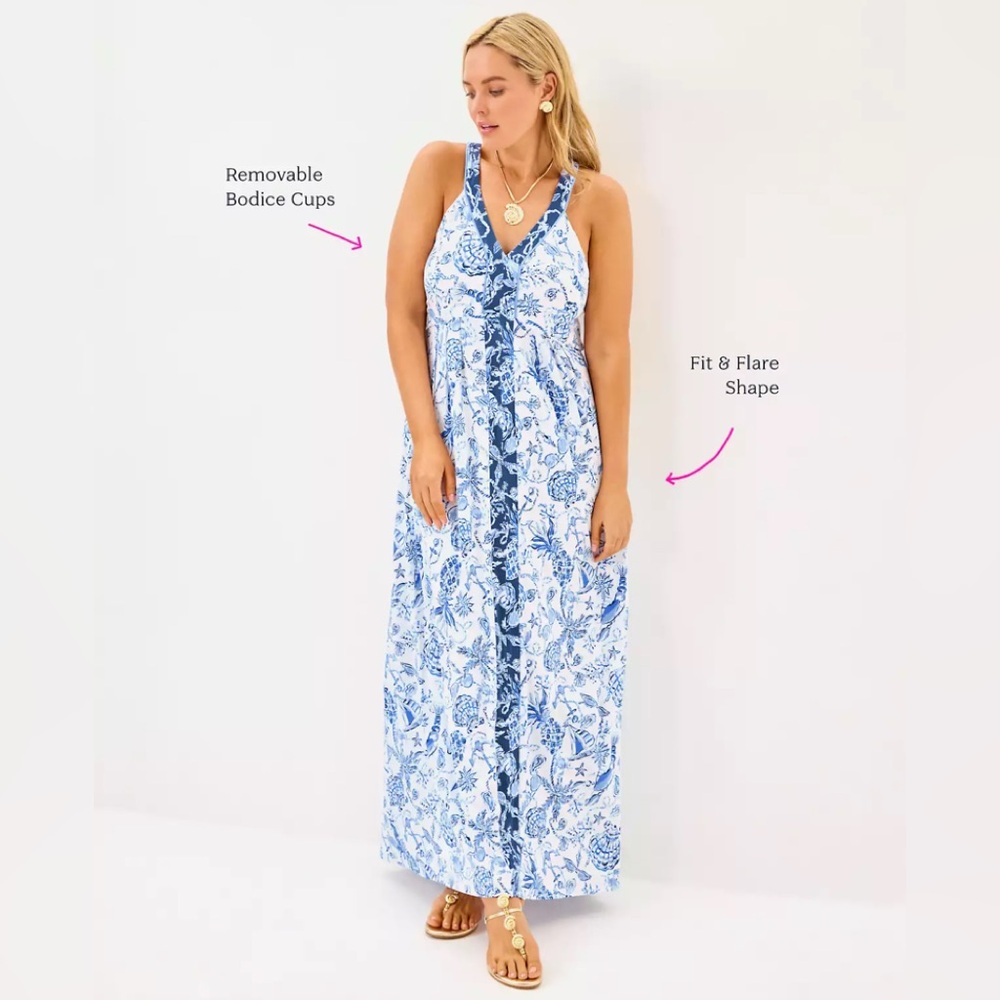 NWT 14 Lilly Pulitzer Carmilla Maxi Dress Barefoot Beachcombers Blue Resort Whit
